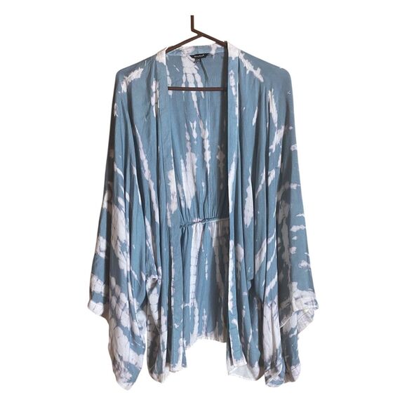 Sim & Sam Blue White Tie Dye Kimono Cardigan L/XL Open Front Boho Beach Cover - Picture 2 of 6